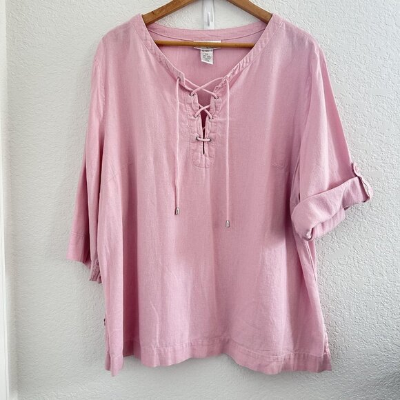 Real Comfort by Chadwick's Shirt Womens 2XL Pink Linen Blend Lace Up Cottagecore - Picture 1 of 9